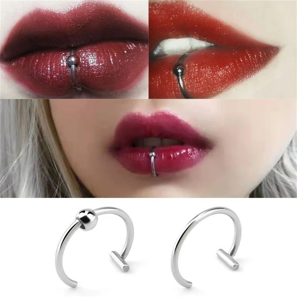 2/4Pcs 18G 316L Stainless Steel Fake Lip Rings for Women Men, Fake Septum Nose Ring Clip On Lip Ring Fake Piercing Jewelry