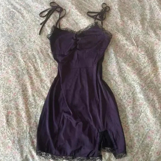 Casual Women's Dress Summer Streetwear Bow cute Lace Grunge vintage Harajuku Emo Girls Slim Sexy Fashion Women's suspender Skirt PURPLE
