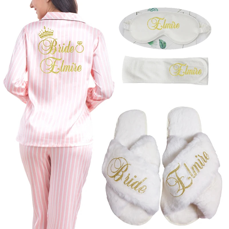2 Piece Personalized Name Women Sleepwear Faux Silk Satin Pajamas Set Long Sleeve Sleepwear Pajamas Suit Female Homewear Pajamas shoe mask b