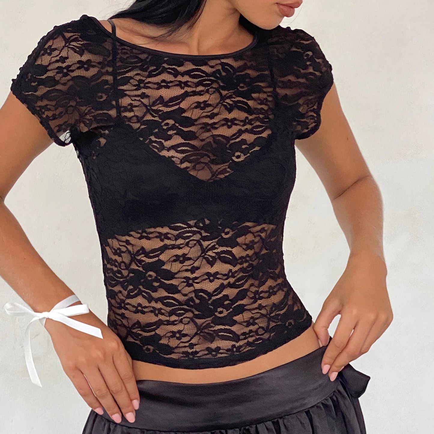 Combhasaki Women's Y2K Vintage Sheer Floral Lace See-through Tops Fashion Short Sleeve Open Back Slim Fit Summer T-Shirts