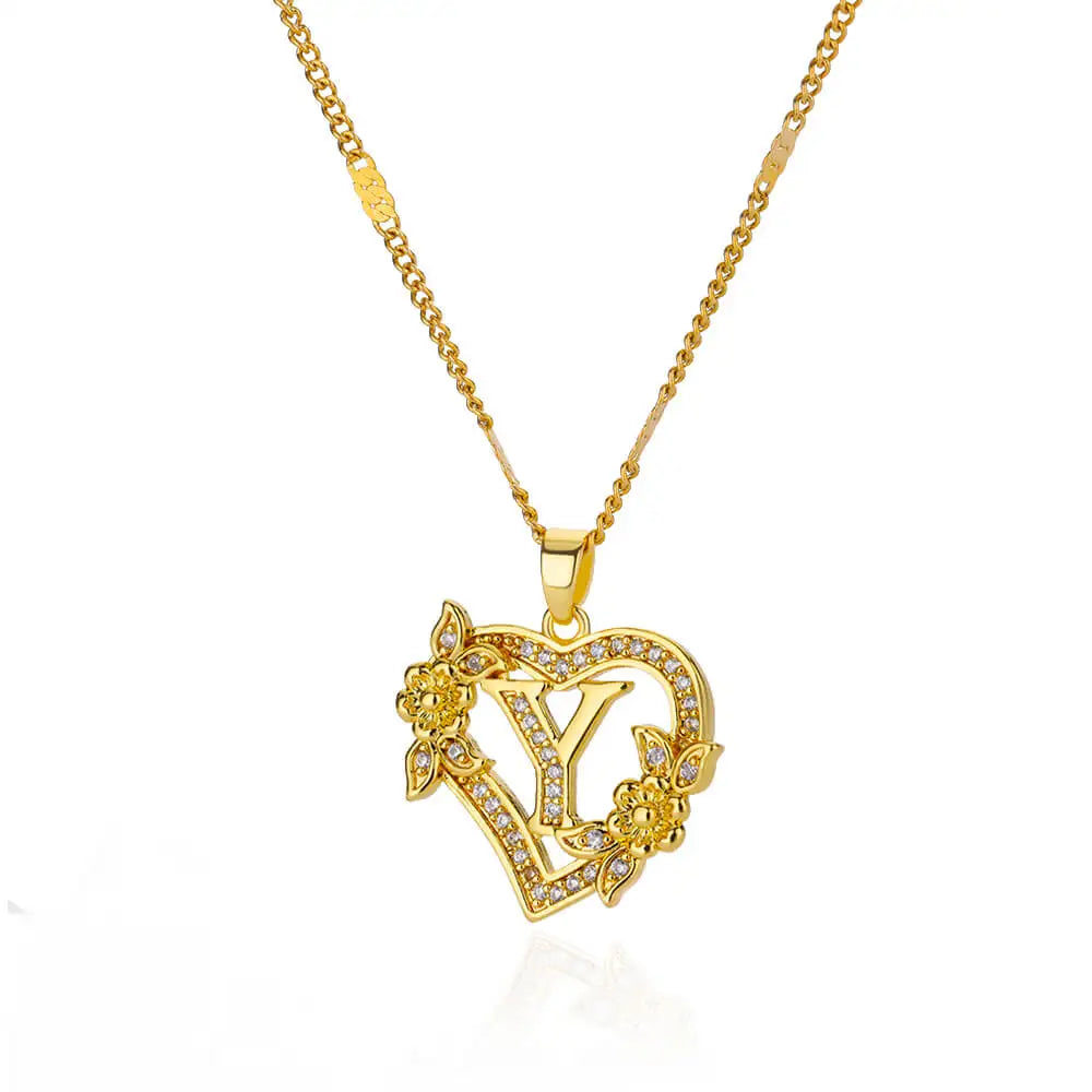 Zircon Flower Heart Initials Necklaces For Women Stainless Steel Heart Lover Gold Color Letter Chain Collar Necklace Jewelry Y CHINA