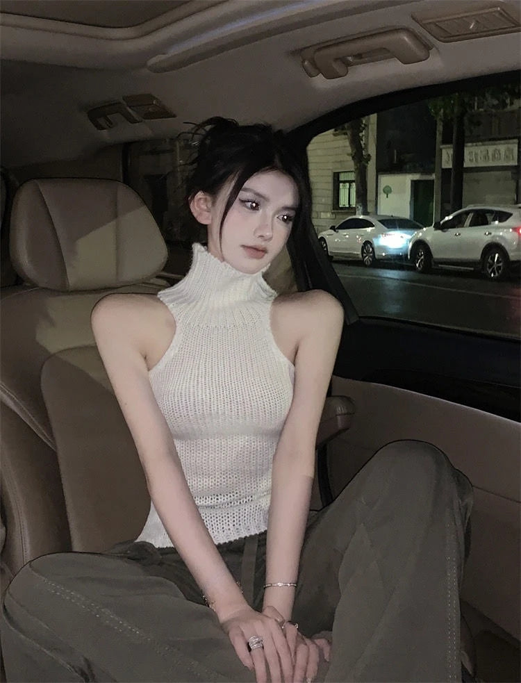 Crop Top Summer Y2K Clothes Fashion Sleeveless Shirts Turtleneck Tees Bandage Tanks Hollow Out Tops Women Sexy Gothic Clothing