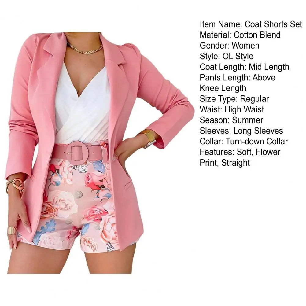 2 Pcs/Set Women Coat Shorts Set Solid Color Long Sleeves Female Outfit Set Flower Print Turn-down Collar Lady Top Shorts Suit