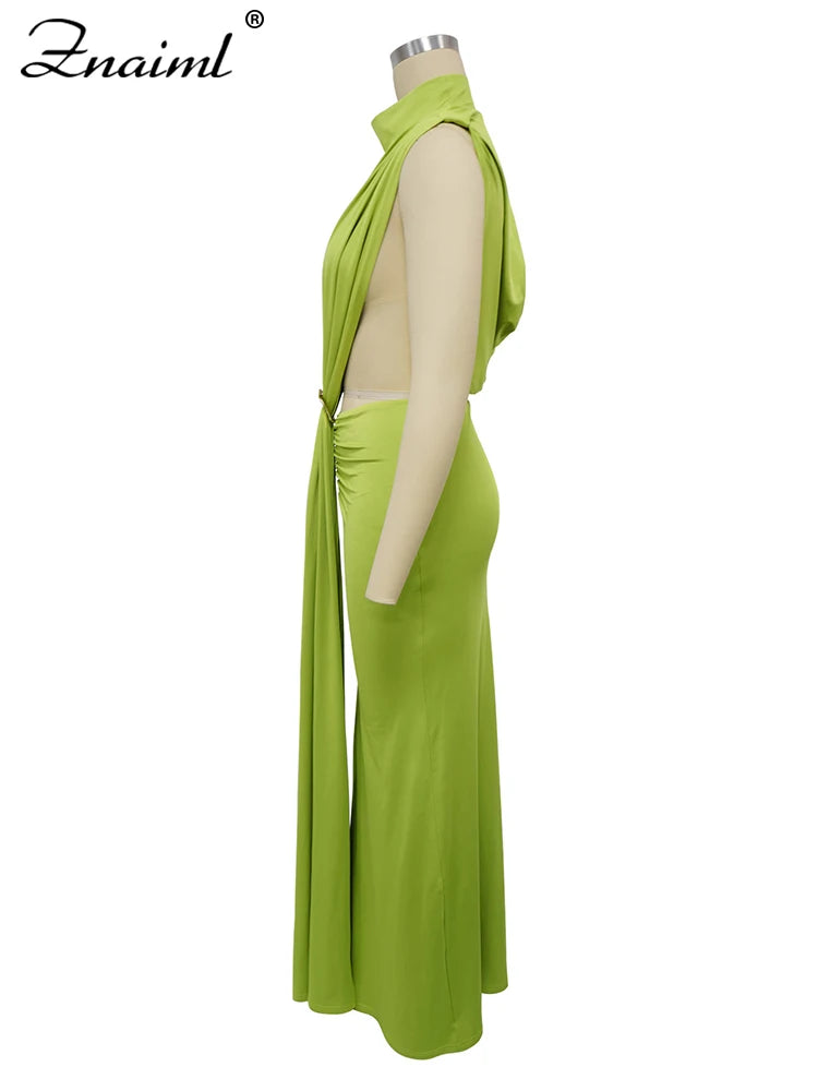 Znaiml Summer Elegant Evening Dress Women Sexy Green Side Cut Out Off Shoulder Sleeveless Fashion Birthday Prom Party Vestidos