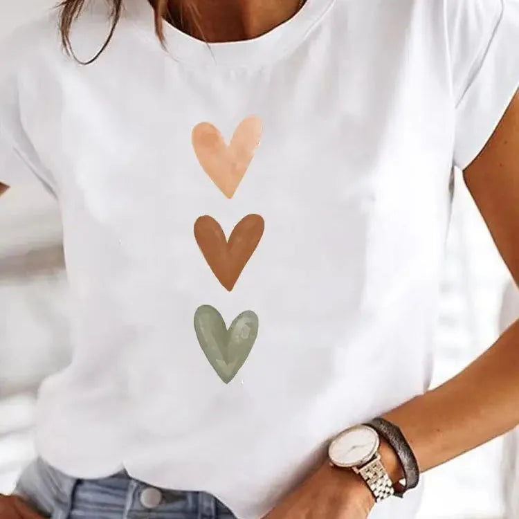 Love Heart Print Women Summer T Shirt Girl O Neck Funny Y2K Tops Tee Female 90s Casual Clothing LAQA33365