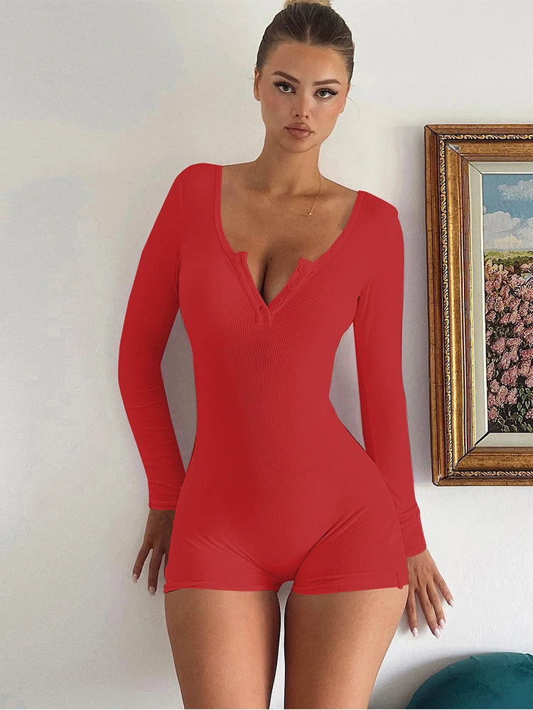 Dulzura Skinny Long Sleeve Playsuits Solid Bodycon Jumpsuits Rompers Evening Party Club Holiday Workout Sport Women Clothes Y2K Red