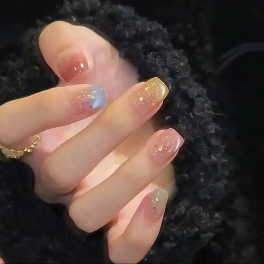 10pcs Handmade Fake Nails with Sticky Tabs Summer multicolor French Cat Eye Beautiful press on Nails Medium Short Stick-on Nails