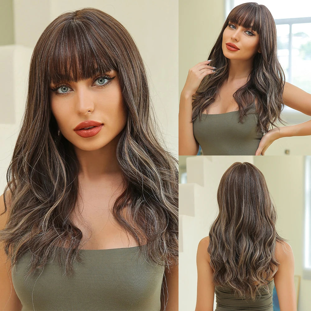 Brown Blonde Highlights Wigs Medium Length Wavy Synthetic Wig With Bangs Natural Body Wave Hair For Women Daily High Temperature LC062-1