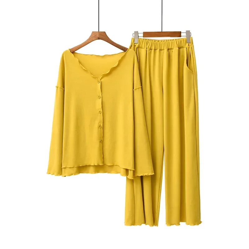 Japanese new style cotton pajamas suit ladies spring and autumn cardigan solid color long-sleeved trousers home service suit Turmeric One Size