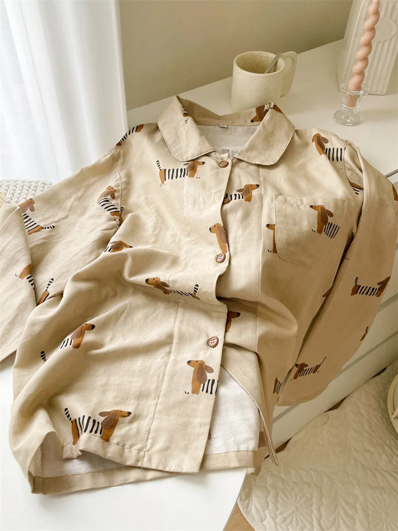 Spring Autumn 100% Cotton Women's Pajamas Cute Dachshund Print Two Pieces Set Long Sleeve Tops Full Length Pants Sleepwear 49910
