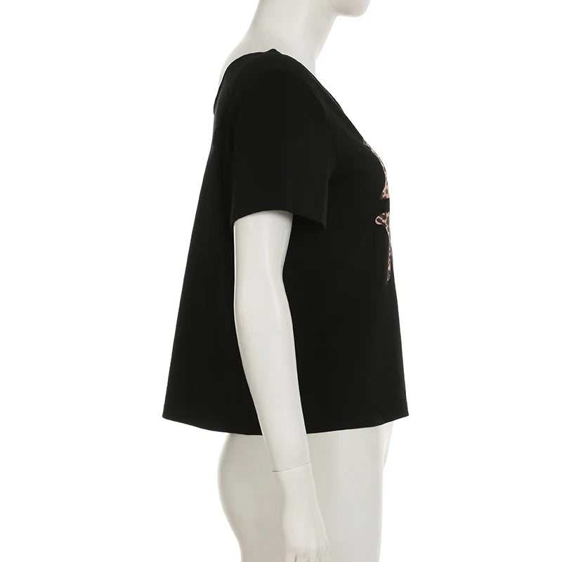 Cuteandpsycho Casual Sexy Crewneck Cropped Tops Slim Streetwear Summer Elastic Vintage Tees Short Sleeved Y2k Punk Clothings