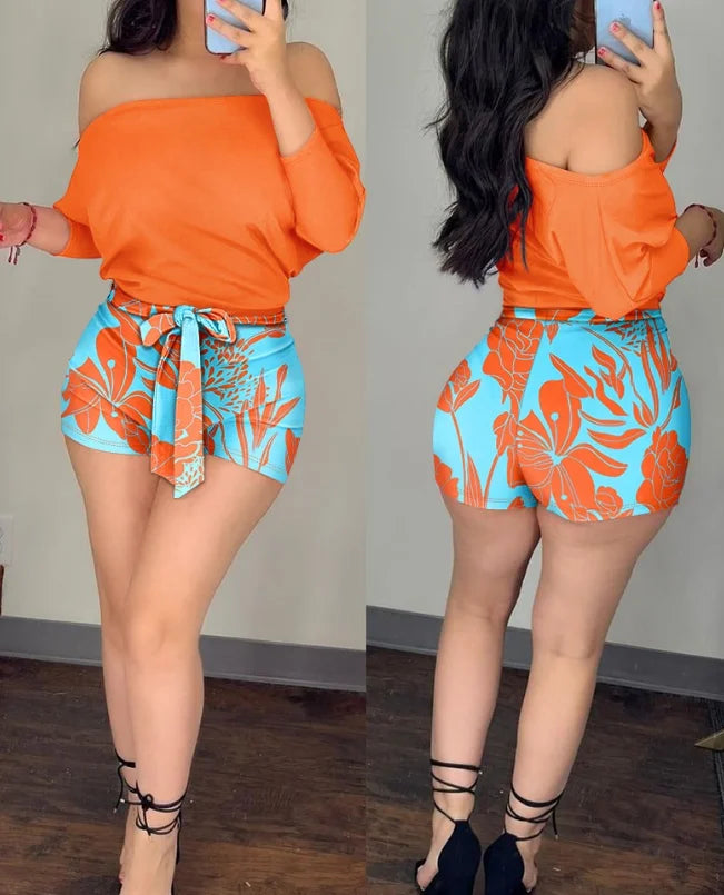 Sexy Elegant Rose Print Off Shoulder Tied Detail Romper New Fashion 2024 Summer Casual Jumpsuits One Pieces Female Clothing B