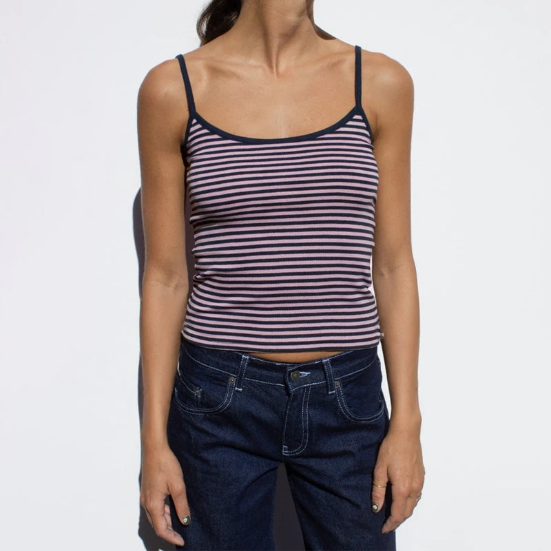 Y2k Striped Tank Top Women Backless Square Neck Crop Tops Going Out Sleeveless Spaghetti Strap Vest Vintage Camisole Streetwear Pink