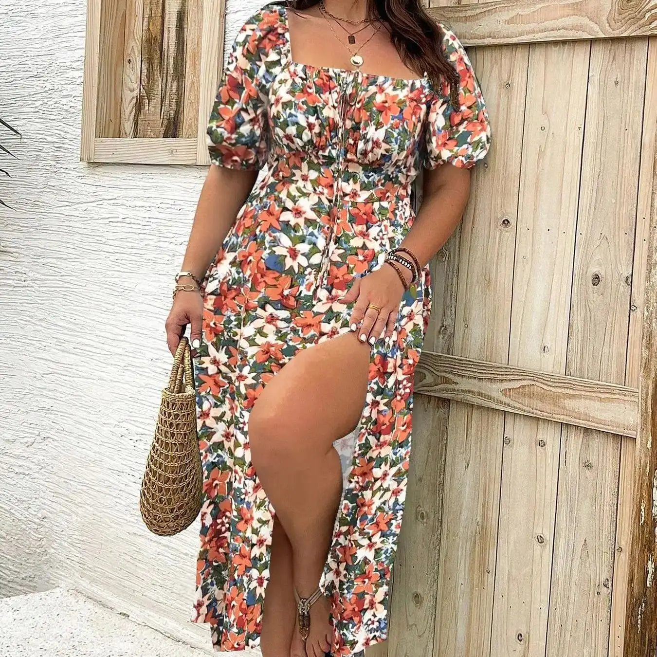 【Plus Size】 Ditsy Floral / All Over Print Split Thigh Dress, Casual Puff Sleeve Tie Front Dress, Women Plus Clothing for Summer 166570