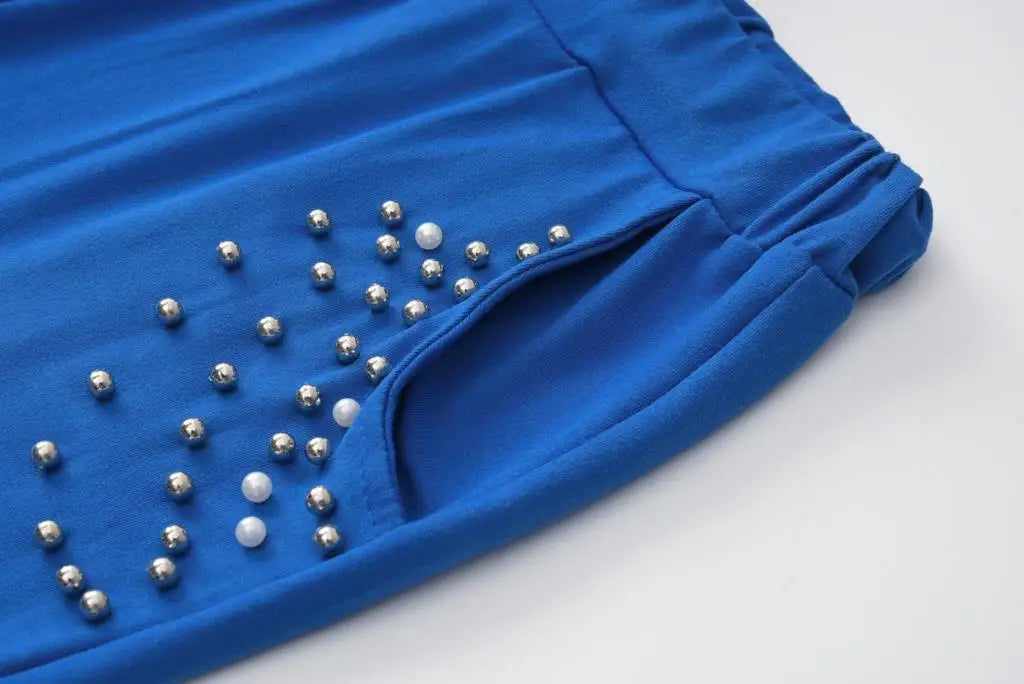 2 Pieces Set Women Europe Fall 2022 Outfit Sexy Nail Bead Pure Color Round Collar Long Suit Sports Set Dropshipping ZXP9596