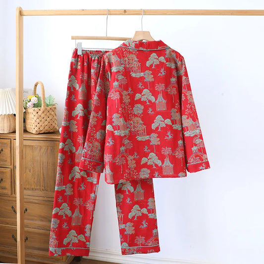 2025 New Spring and Autumn Women's Pajama Set 100% Cotton Retro Color Woven Home Clothes Long Sleeve Long Pants Two Piece Set