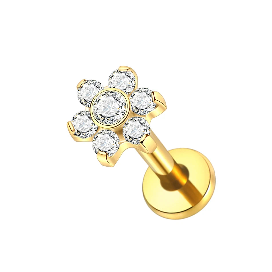 1PC Titanium Zircon Star Flower Labret Piercing for Women Cartilage Tragus Daith Helix Stud Earring Body Jewelry TC092-2 1.2x8mm