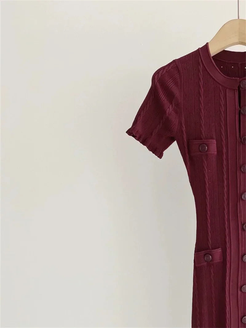 Women O-Neck White Knit Thread Mid-Length Dress Summer 2024 New Elegant Lady Ruffled Sleeve Single Breasted Slim Long Robe Badiee Stylez