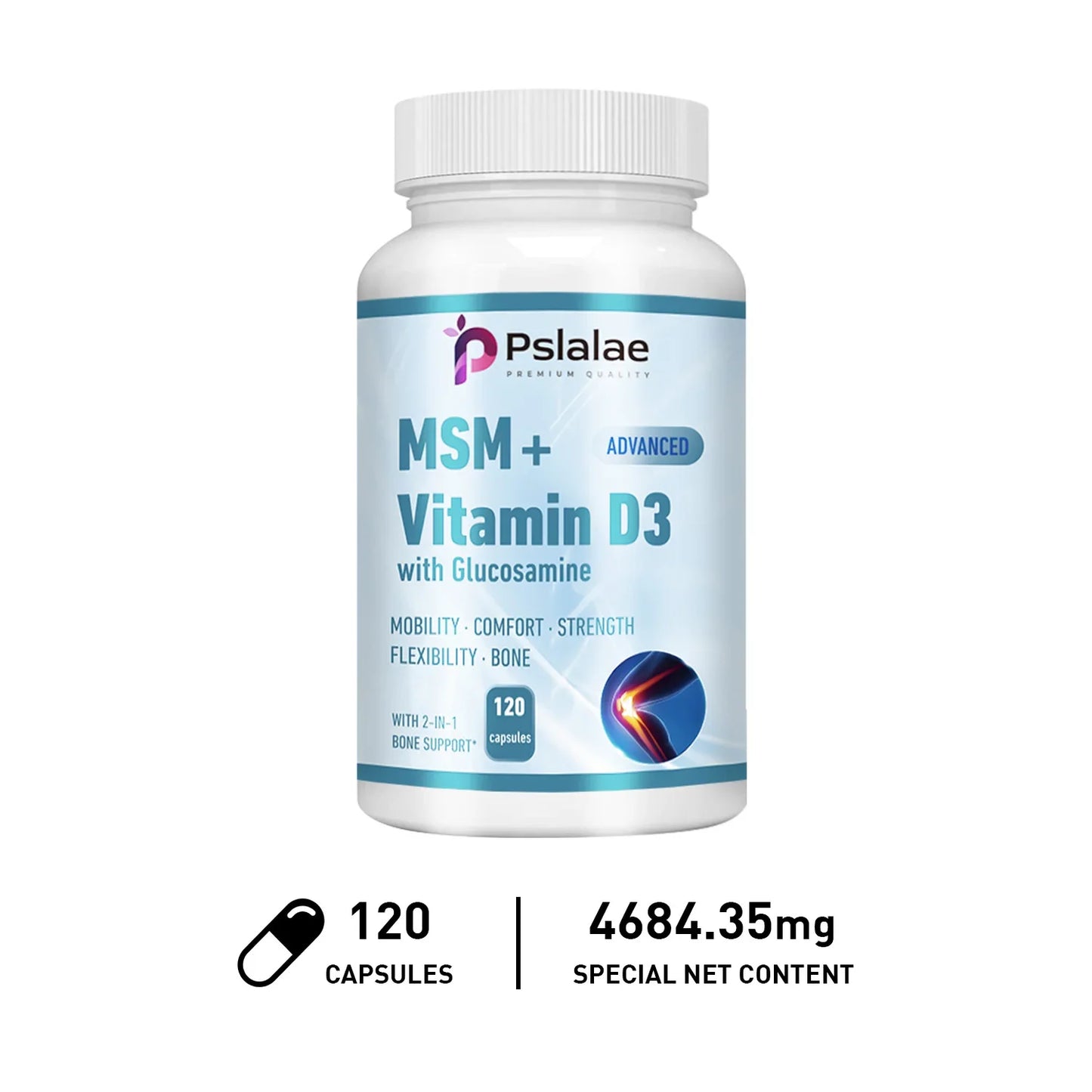 MSM + Vitamin D3 with Glucosamine - Joint Care, Supports Comfort and Flexibility, Strengthens Bones, Non-GMO 120 Capsules