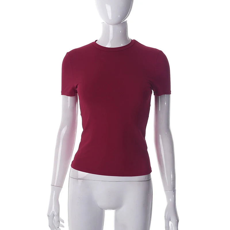2023 Spring New Short Sleeve T-Shirt Women Solid Simple Casual Soft All-Match Hot Basic Crop Tops Tees Summer Fashion Burgundy