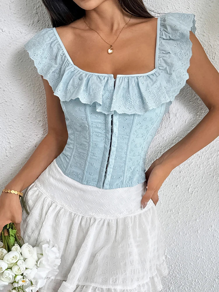 OIINAA Crop Top Women Slash Neck Ruffled Slim Y2k Tops Backless Cross Lace Up White Tank Top Summer 2025 Spice Girls Sexy Tops Blue