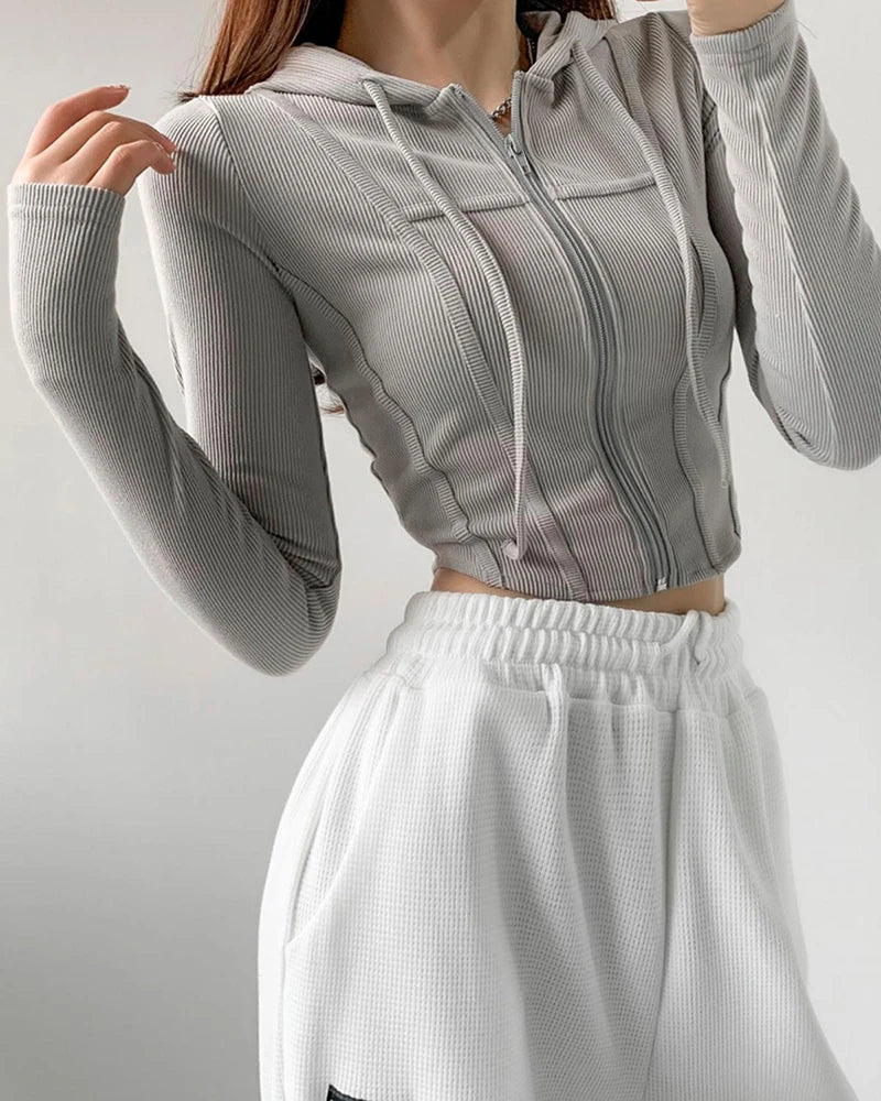 Thin Hooded Cardigan Women Korean Vintage Slim Summer Solid Sports Jacket Vertical Pit Stripe Zipper Female Sexy Cropped Tops