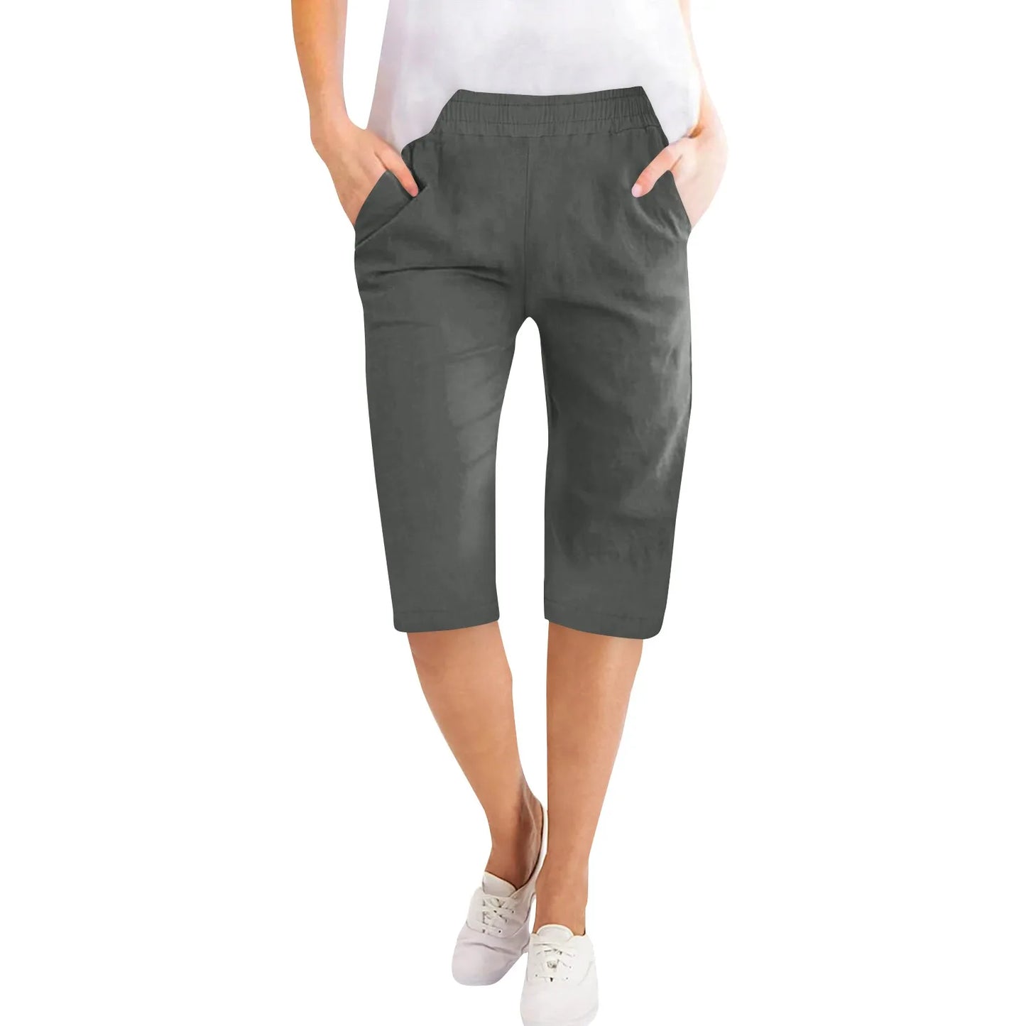 Womens Capris Cotton Linen Pants Drawstring Elastic Waist Pants Casual Cropped Trousers Daily Breeches Five Half Pants Pantalone Dark Gray