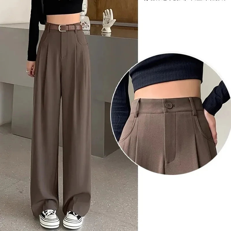 Women Fashion Suit Pants Lady Breathable Baggy High Waist Wide Leg Summer Trousers Lady Straight Leg Black Coffee Classic Pants Badiee Stylez