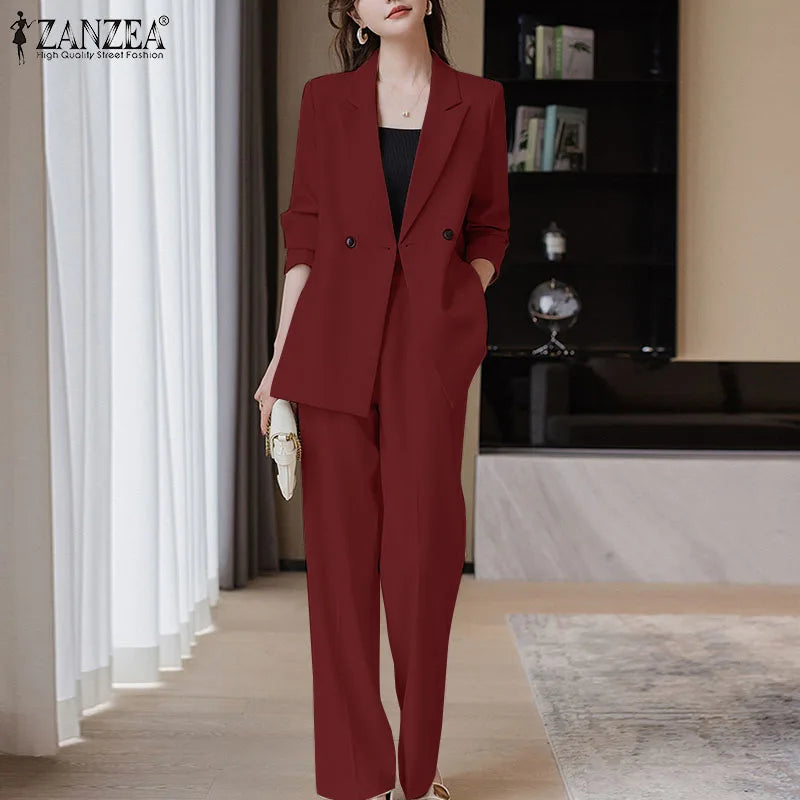 ZANZEA Korean Fashion Blazer Tops 2pcs Suits Autumn 2024 Solid Color Women Elegant Pant Sets Trousers Commute Blazer Suits