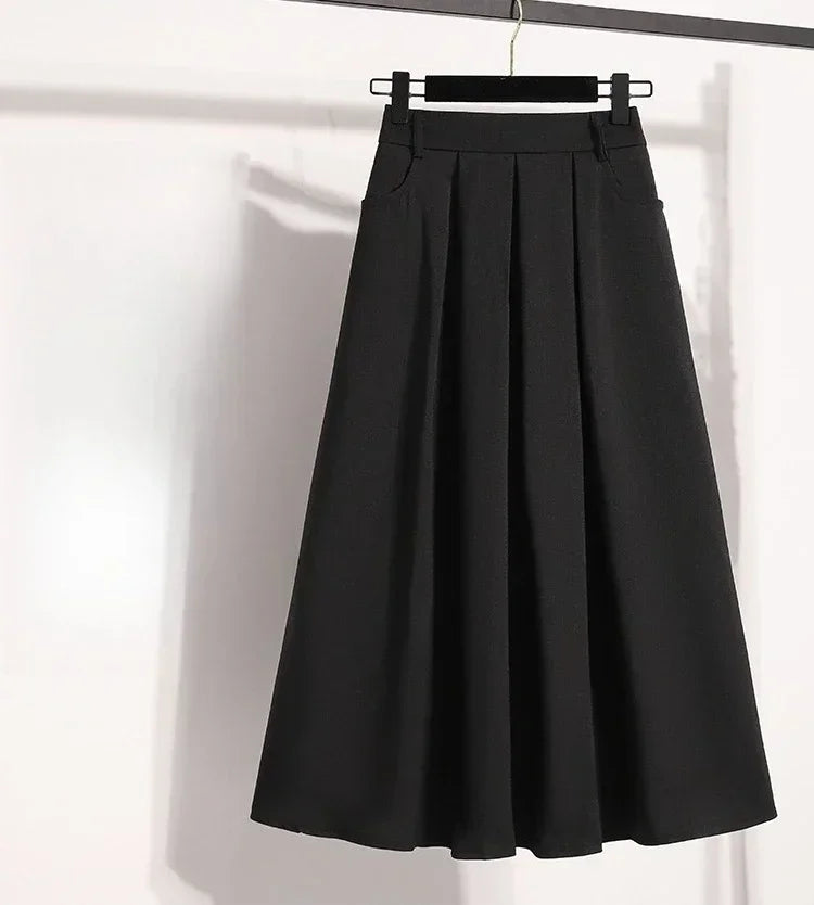 2025 Solid Color Versatile Medium Length Skirt Pleated Plus Size A-Line Maxi Gown Cover Hip Spring Summer New Half-length Skirt