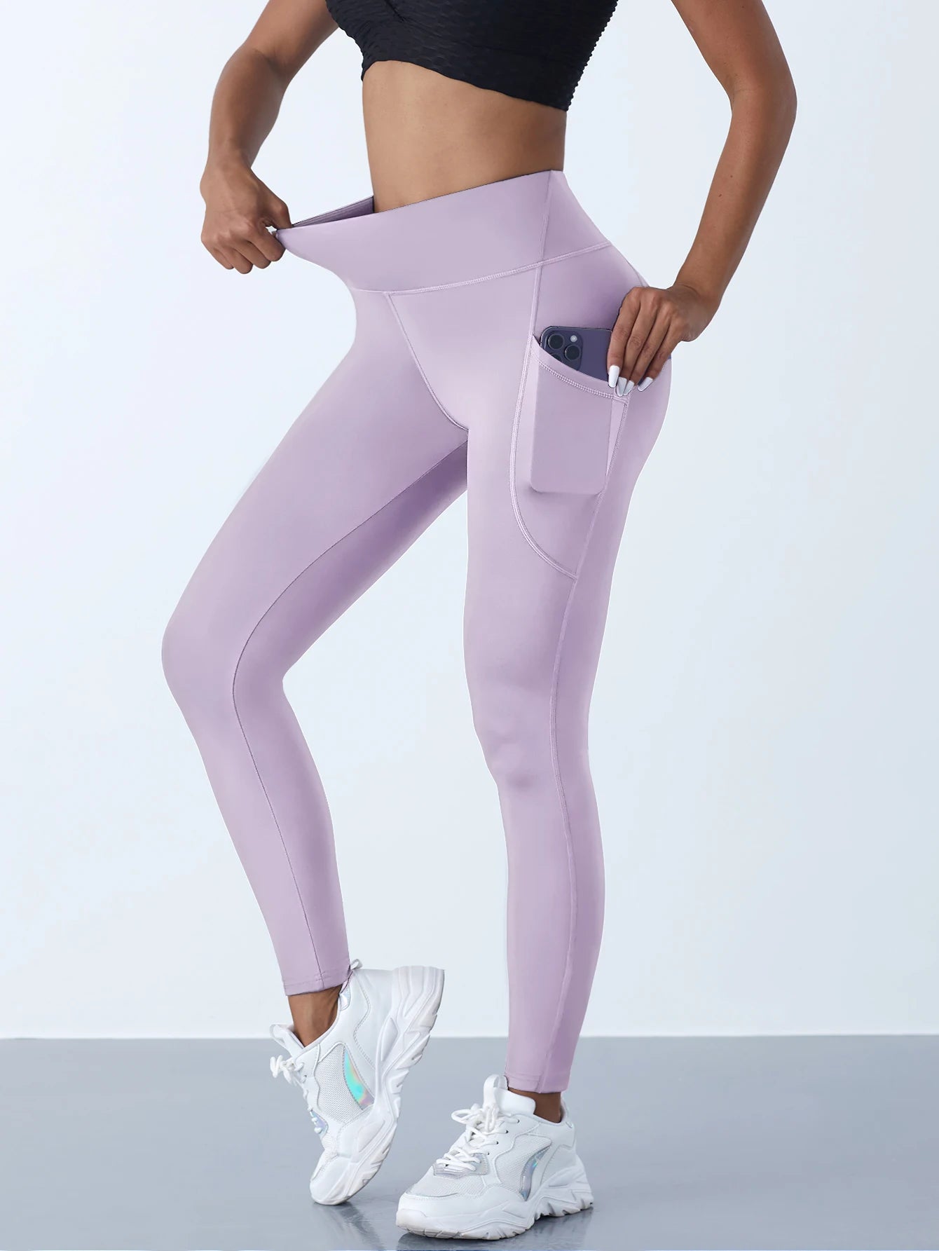 New High Waist Women's Leggings Stretch Yoga Pants Tights With Pockets Push Up Fitness Running Sportswear Solid Color Pants Light purple