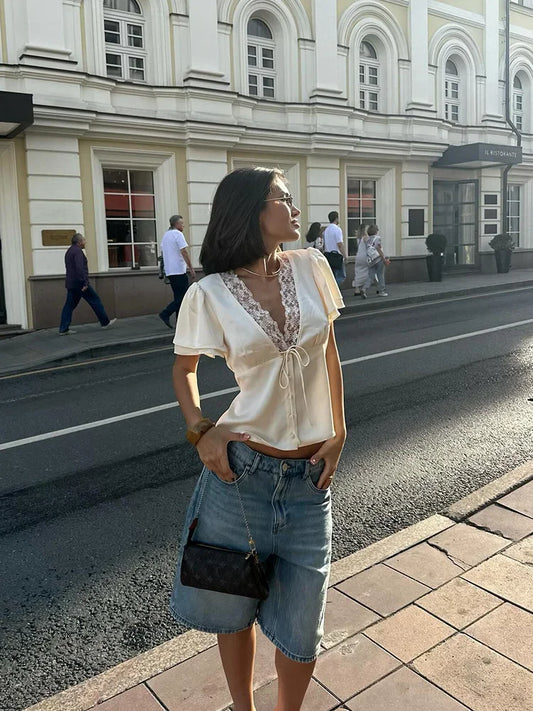 Lace Patchwork Short Sleeve Tops for Women V Neck Sheath Solid Tees Fashion Female Sexy Club T-shirts Elegant Casual