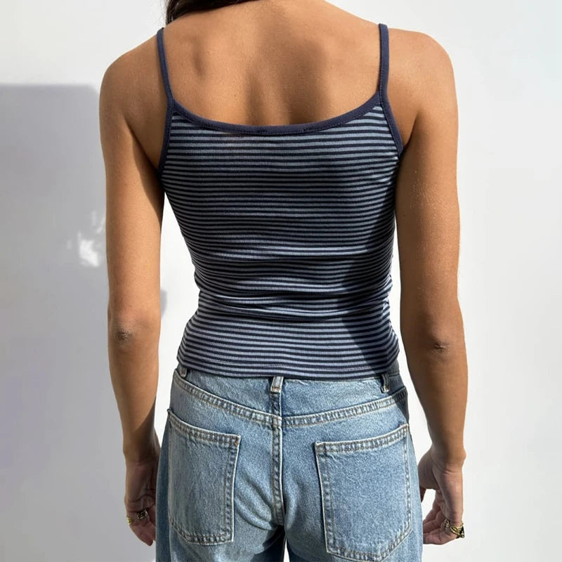 Y2k Striped Tank Top Women Backless Square Neck Crop Tops Going Out Sleeveless Spaghetti Strap Vest Vintage Camisole Streetwear