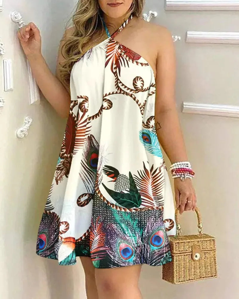 Floral Print Halter Neck Dress Boho Backless Halter Dress For Spring Summer Women's Clothing