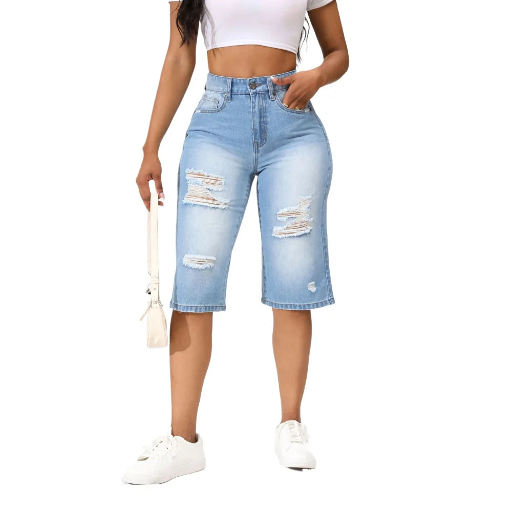 2025 Summer New Calf-Length Jeans For Women Fashion Ripped Slim Fit Butt Lift Denim Straight Legs Casual Clothing 8266