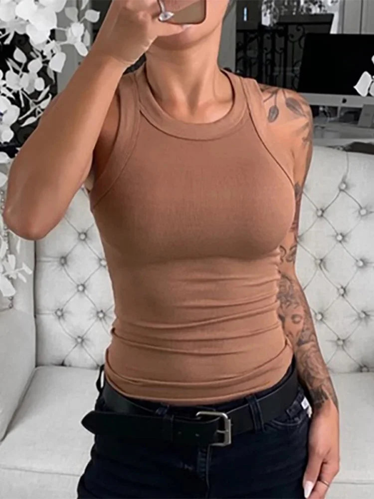 Women Solid Round Neck Ribbed Tank Top Camisole Women Summer Basic Elastic Tank Top O Neck Solid Tank Top Brown