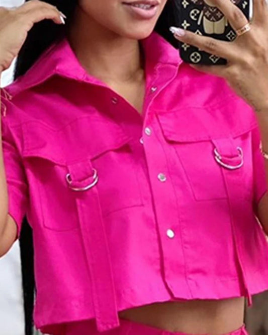 Two Piece Set Women Outfit 2024 Summer Turn-Down Collar Flap Detail Buttoned Crop Top & Casual Pocket Design Daily Shorts Set