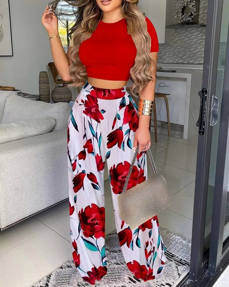 Women Print Pant Sets Two Piece Suit Round Neck Short Sleeve Tops Vests Wide Leg Trousers High Waist Pant Matching Sets Summer