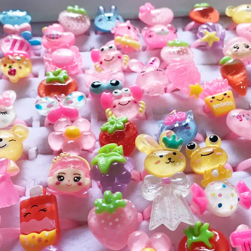 10pcs/lot Children's Cartoon Rings Candy Flower Animal Bow Shape Ring Set Mix Finger Jewellery Rings Kid Girls Toys Anillo