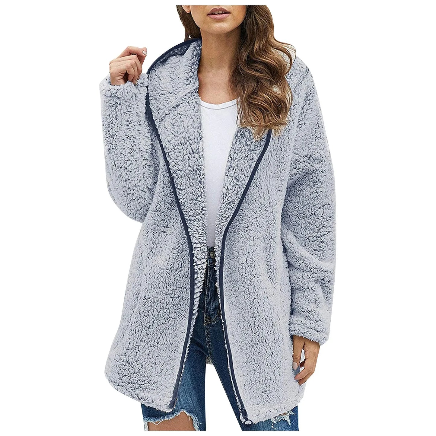 Autumn Winter Women Long Teddy Jacket Warm Thick Fleece Coat Turn Down Collar Plush Coat Woman Casual Long Sleeve Winter Clothes Blue