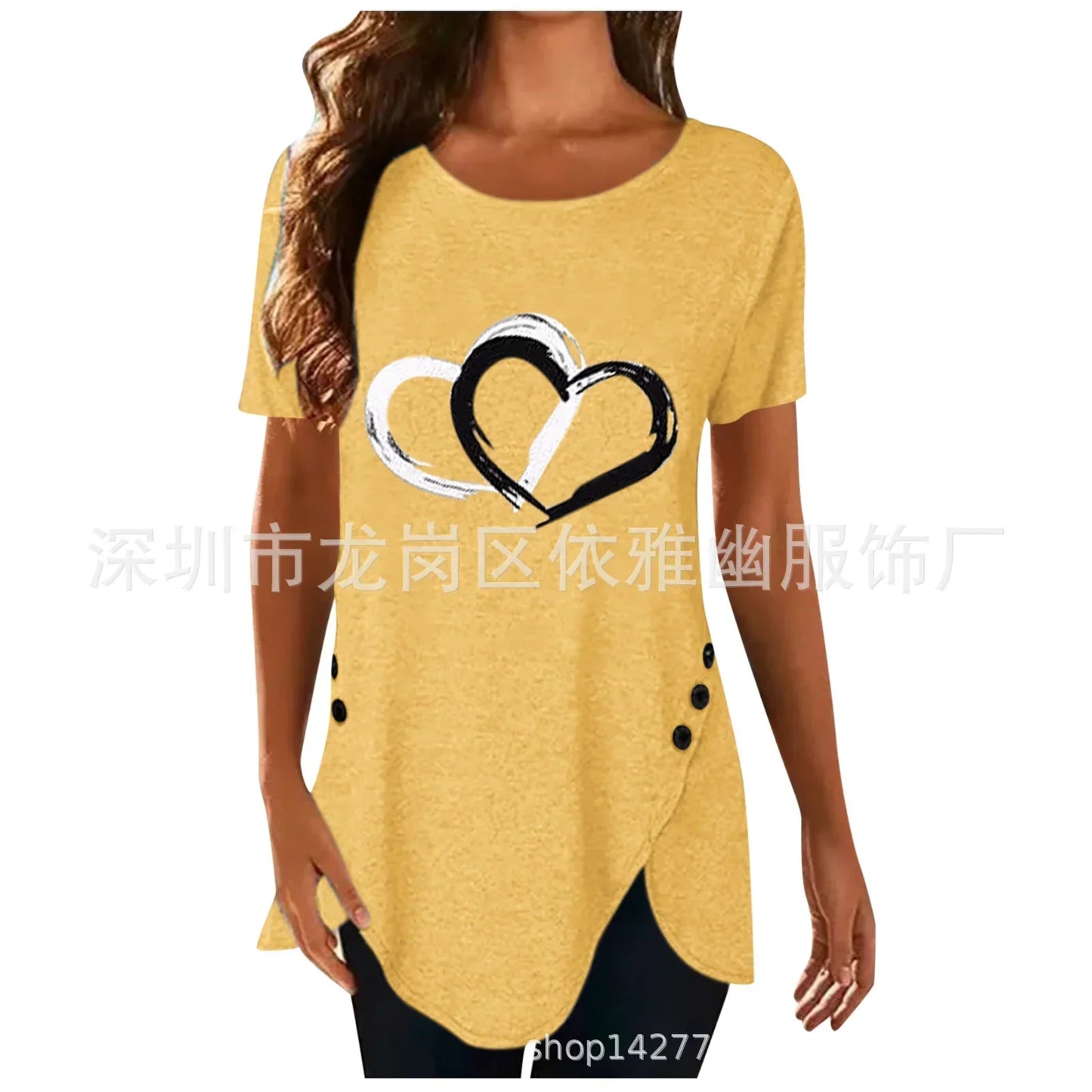 Women's Short-sleeve Heart Printed T-shirt Summer Casual Loose Long Top Tee Shirt Clothing Fashion T Shirt Streewear Oversized Yellow