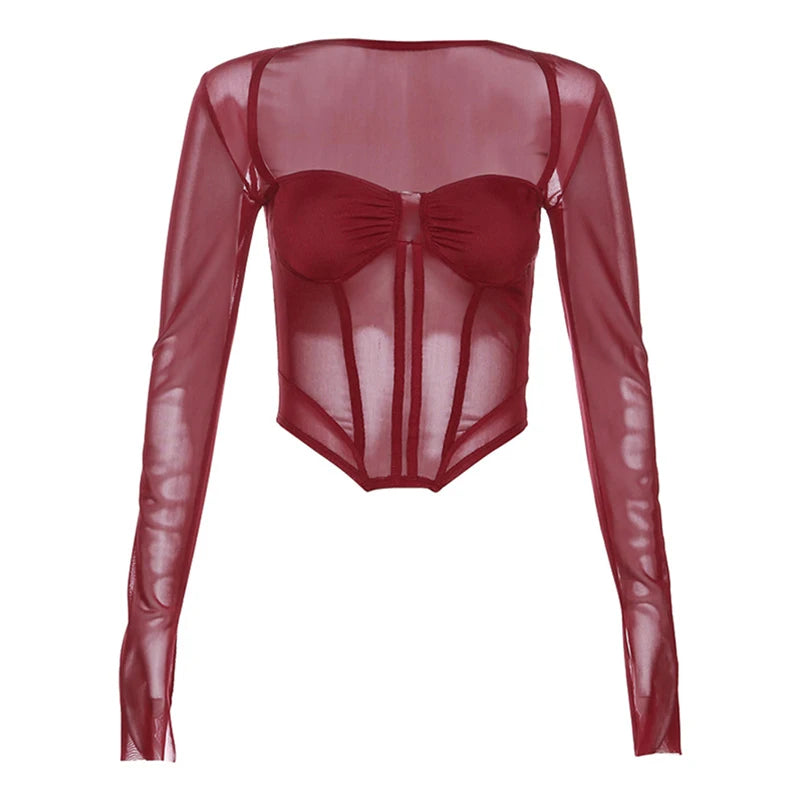 Xingqing Sexy Crop Tops Women Solid Color Sheer See Through Square Neck Long Sleeve Fishbone Corset T Shirts Ladies Clothing