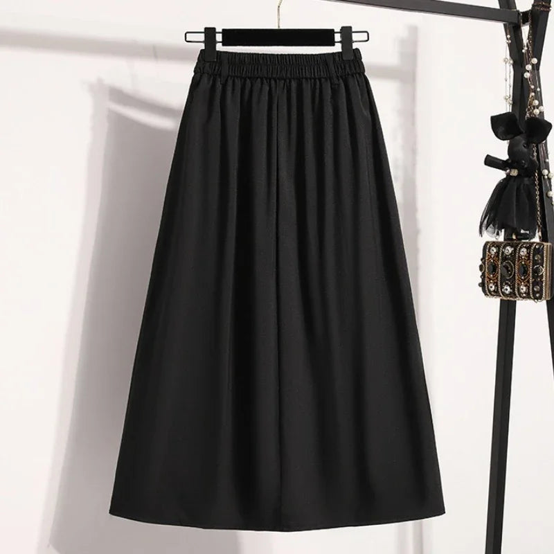 2025 Solid Color Versatile Medium Length Skirt Pleated Plus Size A-Line Maxi Gown Cover Hip Spring Summer New Half-length Skirt black