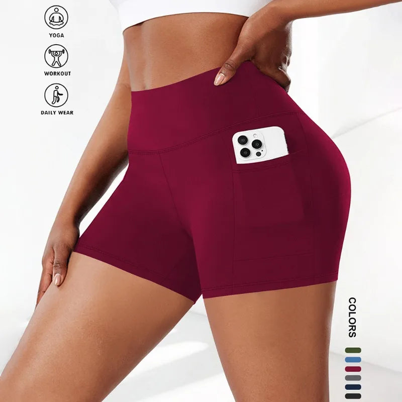 Plus Size Fit Yoga Shorts for Women's High Waist Side Pocket Workout Running Tight Stretchy Athletic Summer Fashion Slim Shorts wine