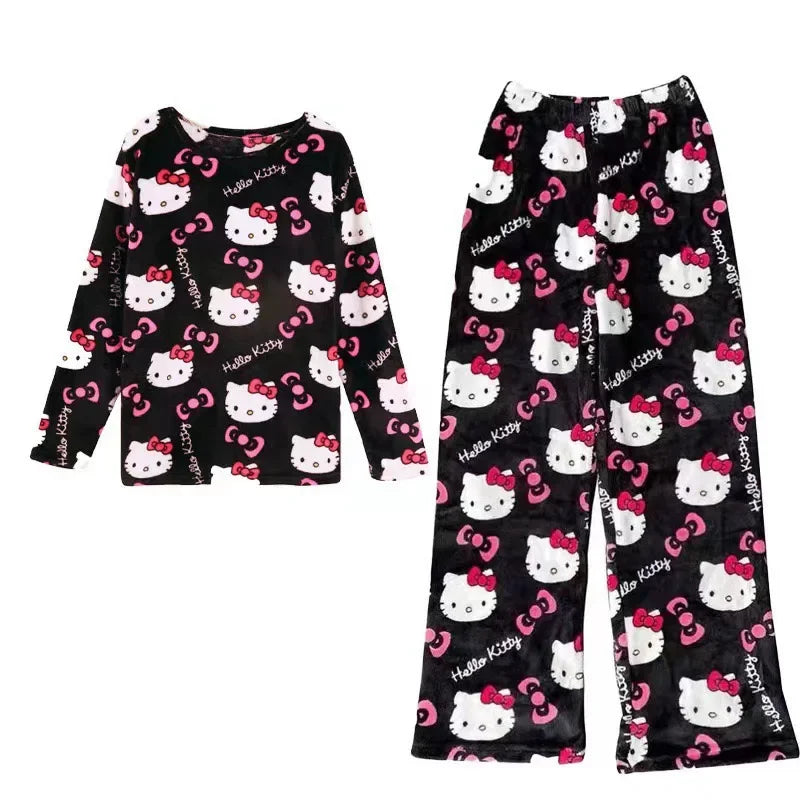 Winter Hello Kitty Pajamas Set Flannel Pants Kawaii Cartoon Pajama Suit Warm Thickened Woman Pants Plush Homewear Cute Sleepwear 3