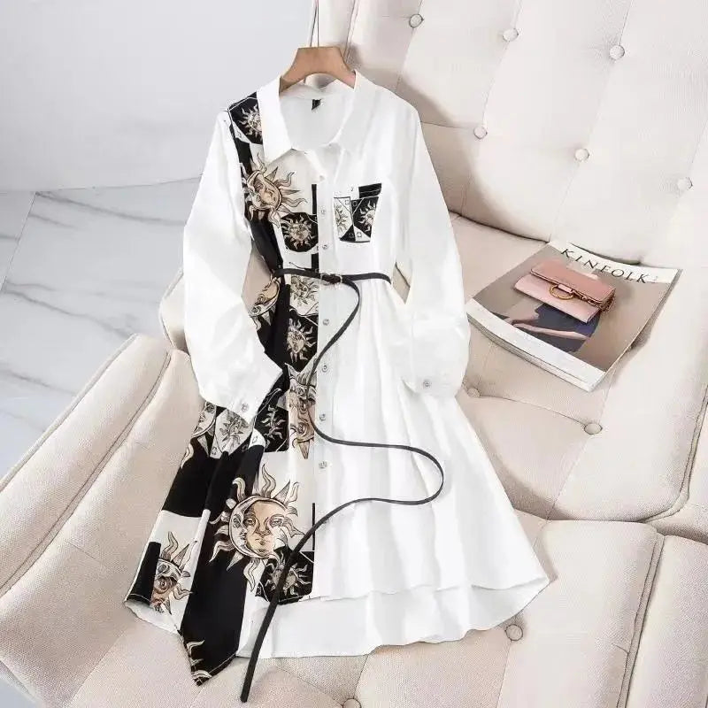 Print Vintage A-Line With Belt Loose Polo Neck Women's Dress Single-Breasted Knee Length Dresses For Women Clothing 2024 Fashion WHITE