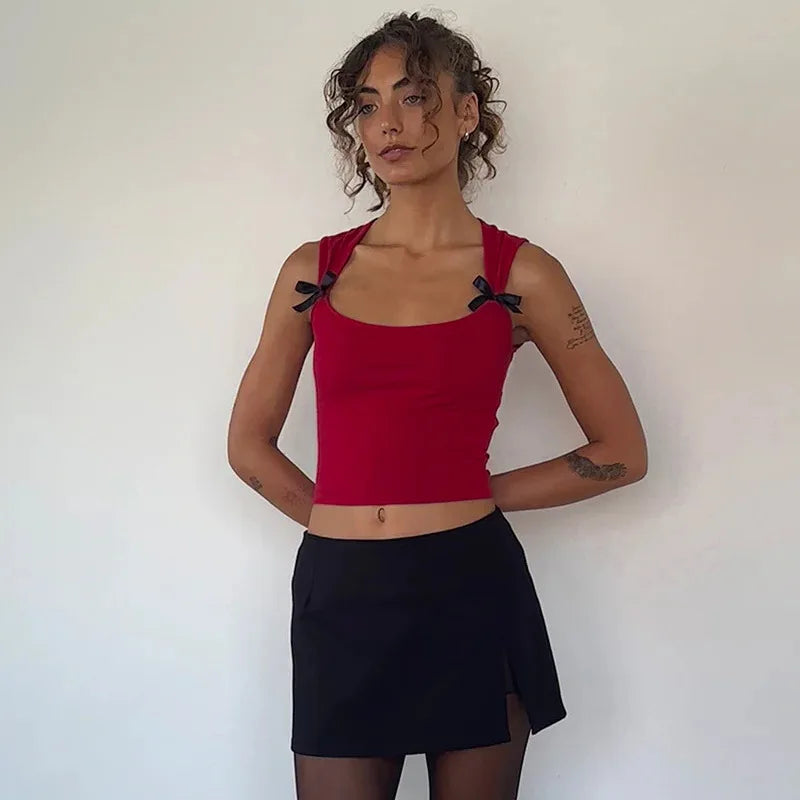 Y2K Women'S Bow Tie-Up Tank Tops Wide Shoulder Straps Bandage Camisole Sexy Low Cut Crop Tops Female Vest Tops