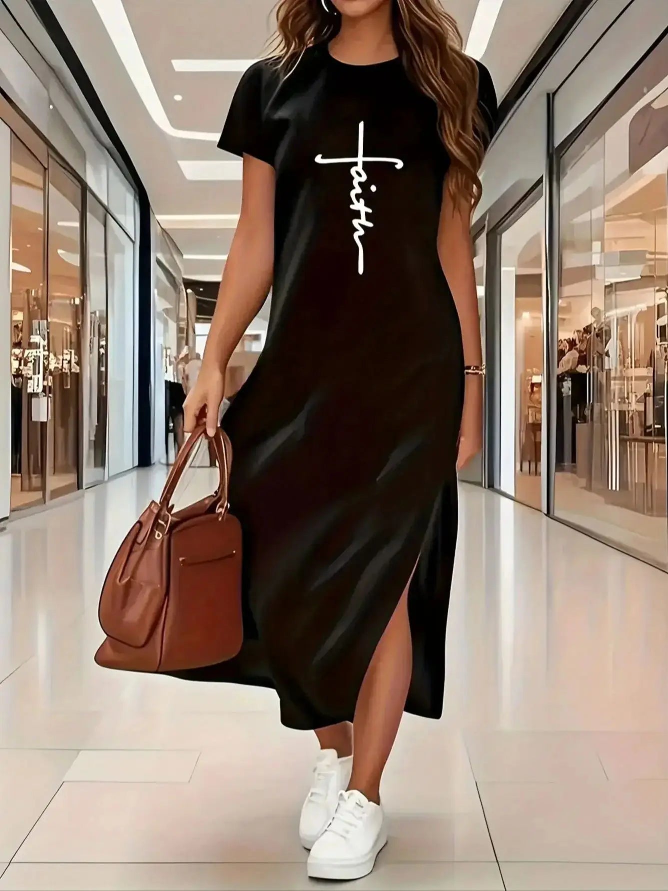 women's summer casual graphic print Loose and comfortable long dress long T-shirt dress women's summer clashing dresses black