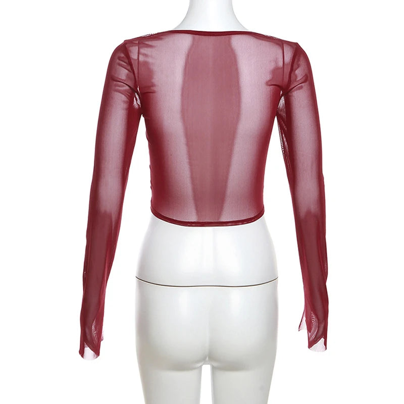 Xingqing Sexy Crop Tops Women Solid Color Sheer See Through Square Neck Long Sleeve Fishbone Corset T Shirts Ladies Clothing