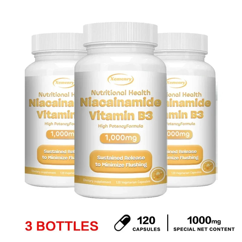 Niacinamide Vitamin B3 Capsules - Supports Skin Cell Health, Whitens Skin, Promotes Brain Function, and Enhances Energy 120 Capsule-3bottles